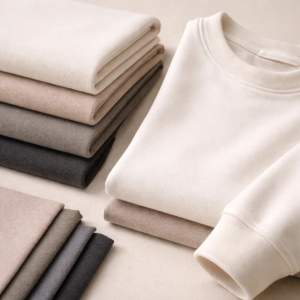 Interlock fabric swatches with folded sweatshirt in neutral colors