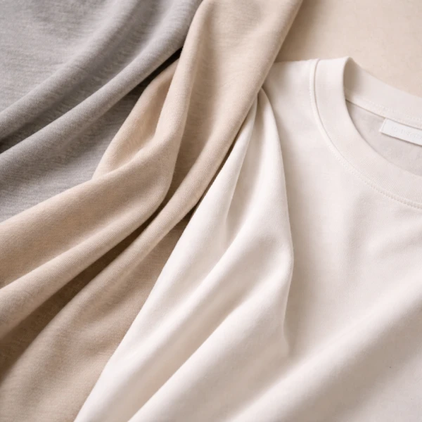 Soft jersey fabric close-up with neutral color swatches and T-shirt collar