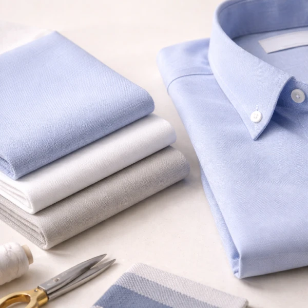 Oxford fabric swatches beside a light blue button-up shirt