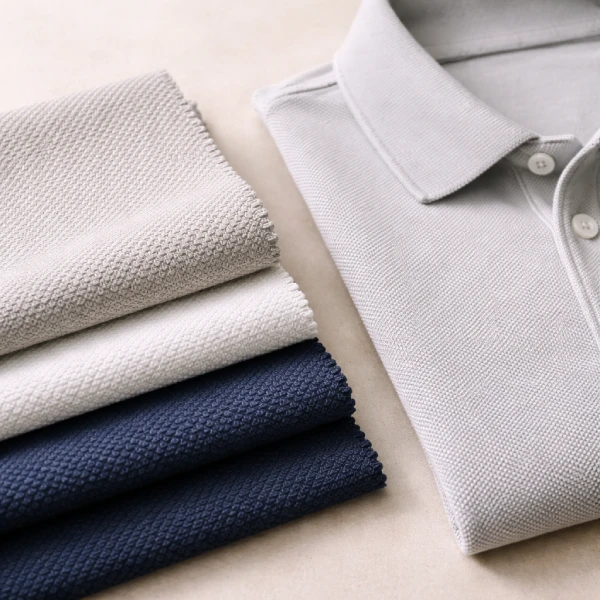 Pique fabric swatches beside a folded polo shirt collar