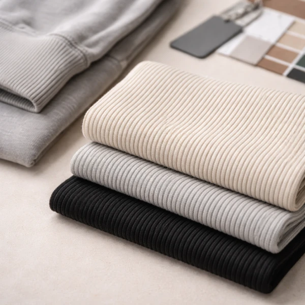 Rib knit fabric swatches with sweatshirt cuff and collar detail