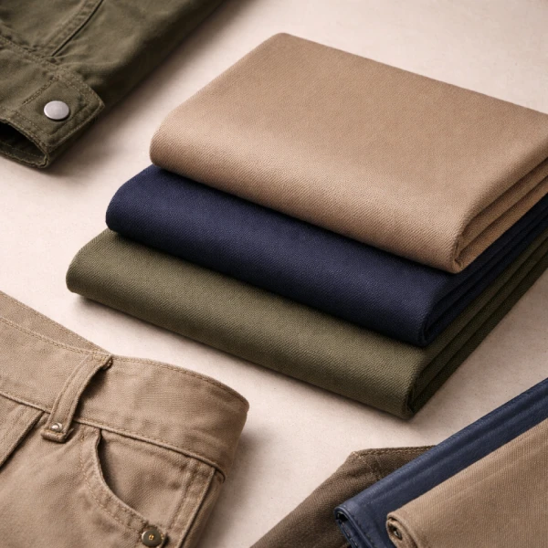 Twill fabric samples with jacket and workwear details