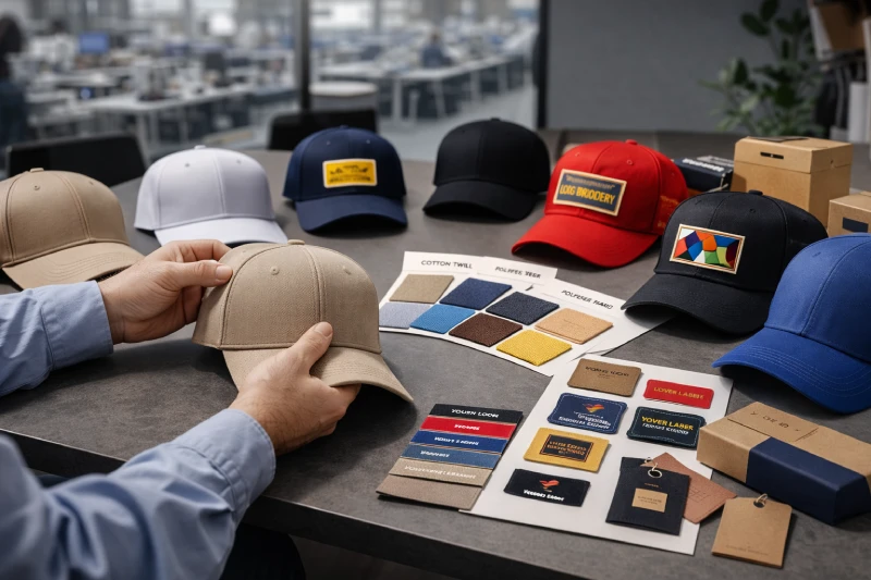 Comparing promotional cap samples, fabrics, and branding options