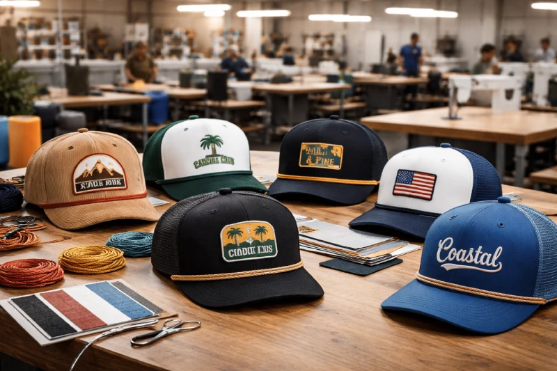 Custom rope hats displayed in a rope hat manufacturing factory