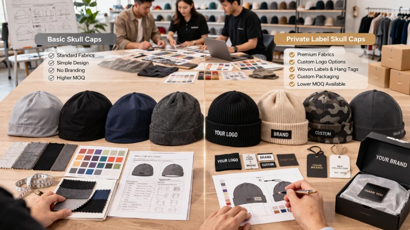 Comparison of basic and private label skull cap samples with custom labels and packaging