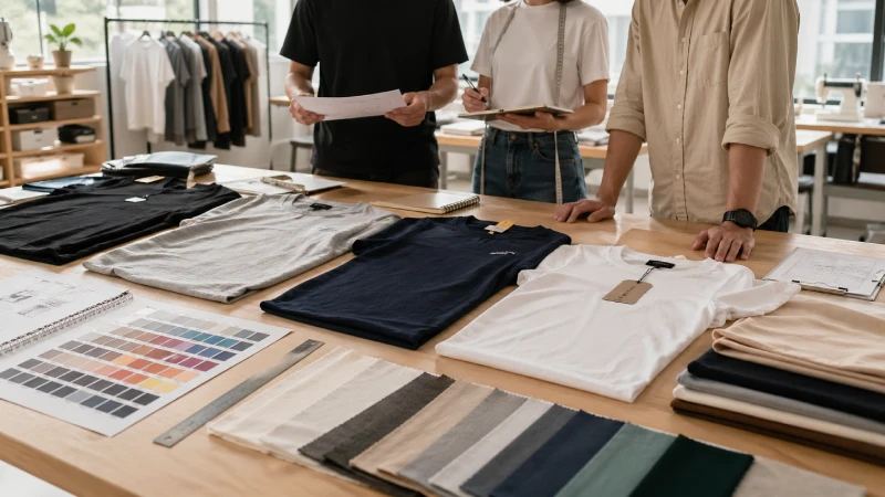 startup team reviewing custom t-shirt samples and fabric swatches
