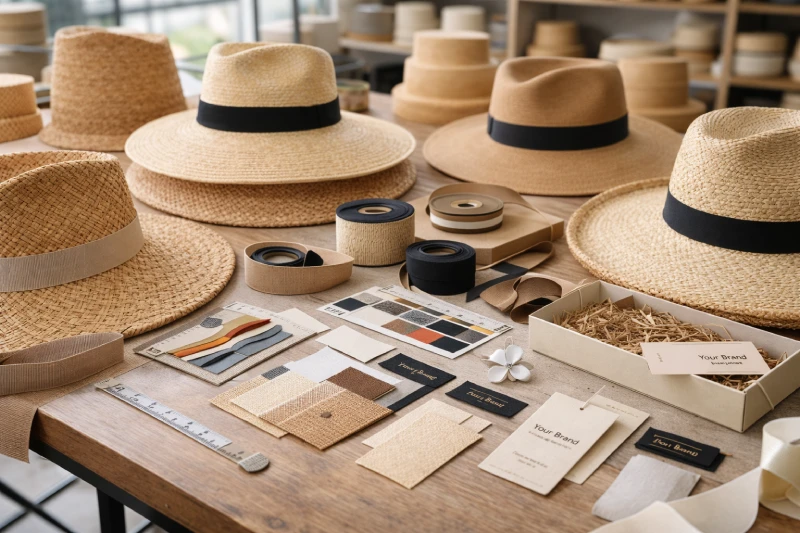 Straw hat manufacturing process with custom labels, ribbons, and packaging options