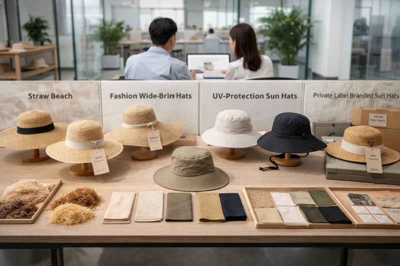 Comparison of custom straw, wide-brim, and UV-protection sun hats