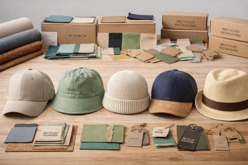 Comparison of sustainable hat materials including recycled polyester, organic cotton and Panama straw