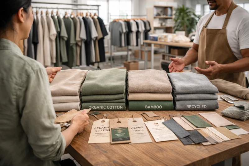 Comparison of sustainable T-shirt fabrics including organic cotton, bamboo, hemp, and recycled materials