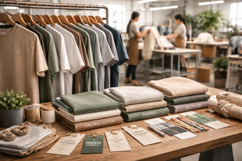 Sustainable T-shirt manufacturing factory with organic and recycled fabric T-shirts