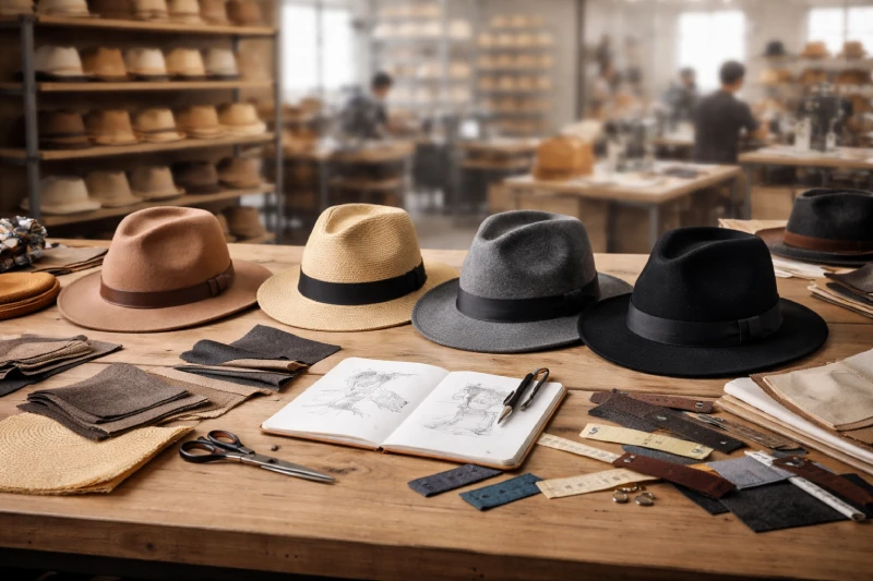 Custom fedora hats displayed in a premium hat manufacturing workshop