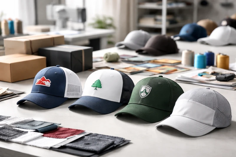 Custom sports caps from different manufacturers with performance fabrics and private label options