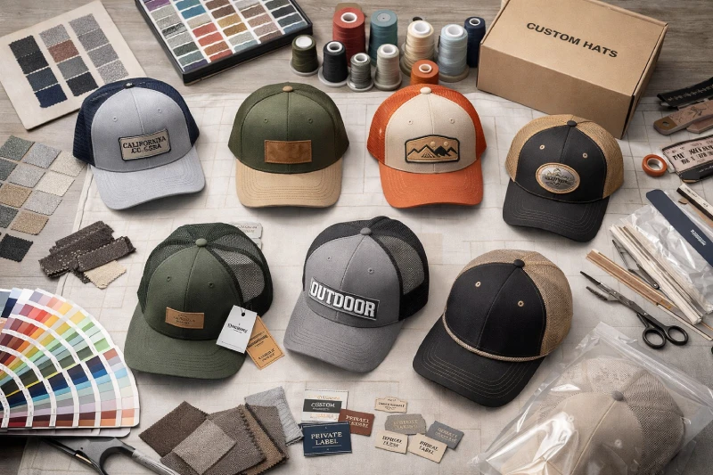 Different trucker hat styles, fabrics, patches, and packaging options on display