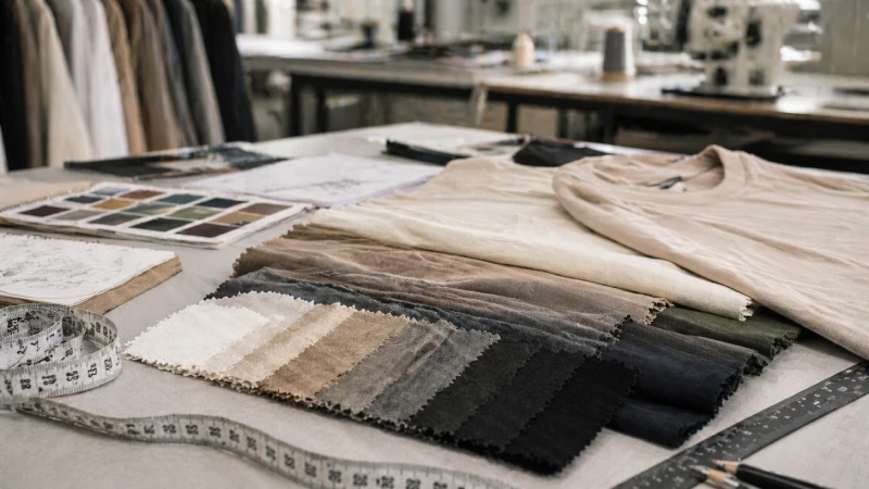 fashion t-shirt fabric swatches on design table showing material selection