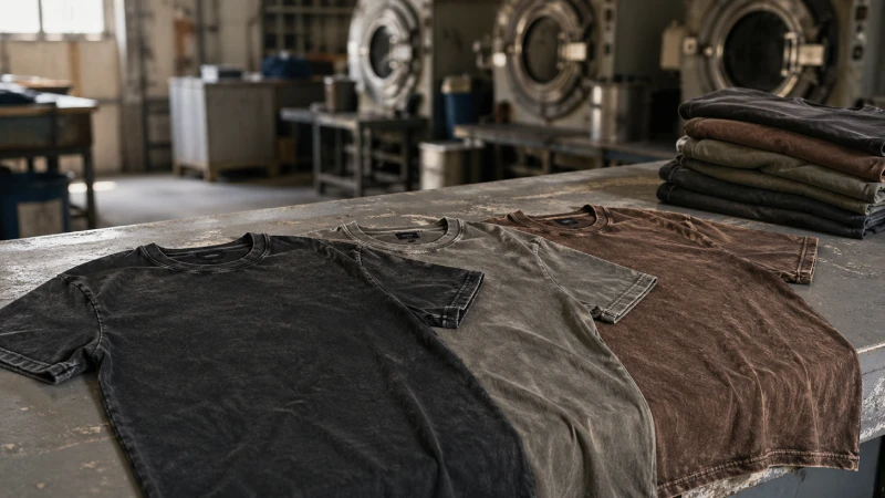 Vintage wash T-shirts on industrial table with faded textures in garment washing factory