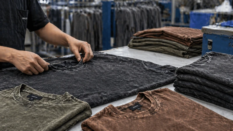 Close-up of vintage wash T-shirts inspection showing faded fabric texture and stitching details
