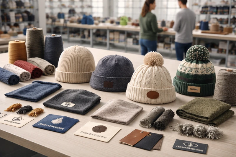 Winter hat styles with yarn, fabric, and custom logo options