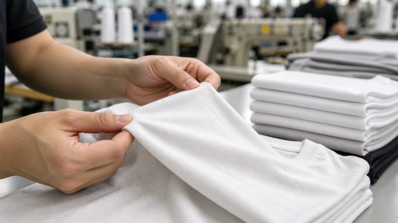 Close-up inspection of 100% cotton T-shirt fabric in a modern apparel factory