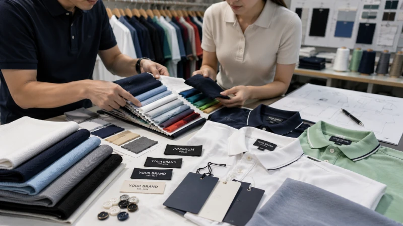 Fabric selection and polo shirt quality inspection for custom apparel manufacturing in China