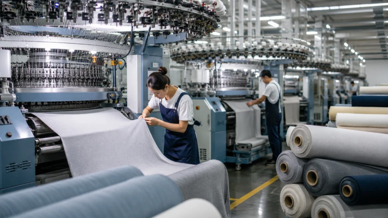 Modern China knitted fabric manufacturing factory with circular knitting machines and fabric quality inspection process