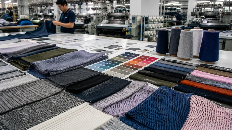 Knitted fabric samples and textile sourcing development table inside a professional China fabric factory