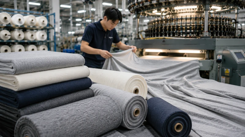 Cotton jersey fabric rolls and knitted textile production inside a professional fabric factory
