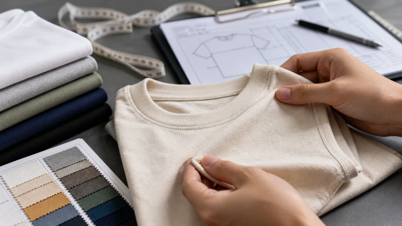inspecting cotton t-shirt fabric quality and texture for manufacturing