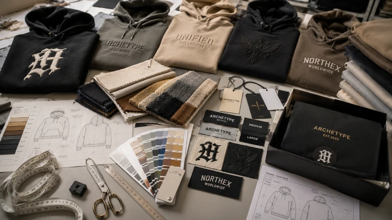 Custom hoodie samples with embroidery, fabric swatches, and private label branding materials