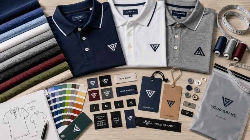 Custom polo shirt fabric options embroidery samples and private label branding materials