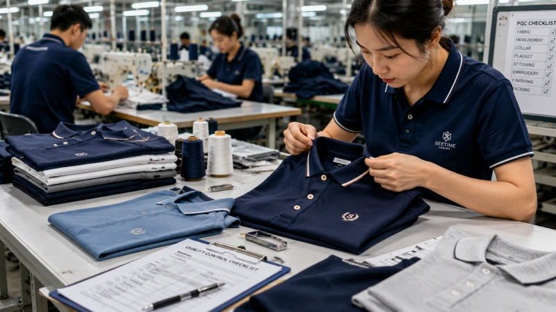 Polo shirt fabric quality inspection and custom apparel production process in garment factory