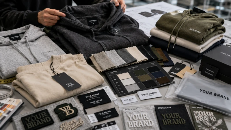 Custom private label hoodie fabrics labels embroidery and packaging comparison during apparel sourcing process