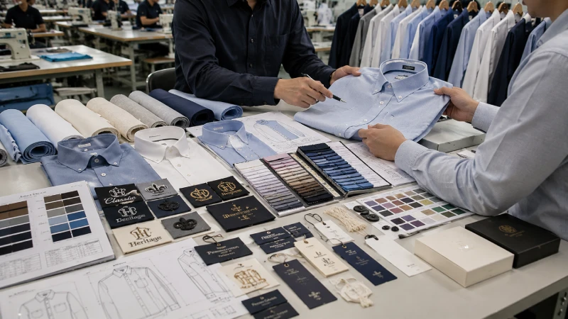 Comparison of custom shirt manufacturing options including fabrics embroidery printing and private label branding