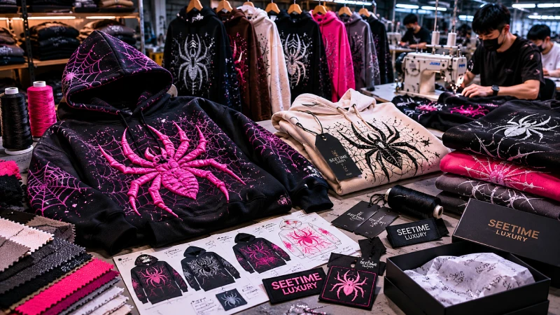 Heavyweight spider hoodies with puff print graphics during sampling