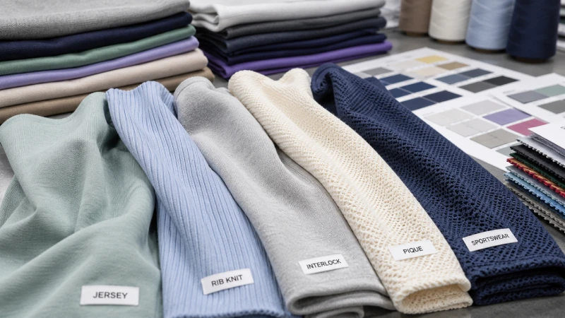 Close-up comparison of jersey, rib knit, interlock, pique, and sportswear knitted fabric textures for apparel sourcing