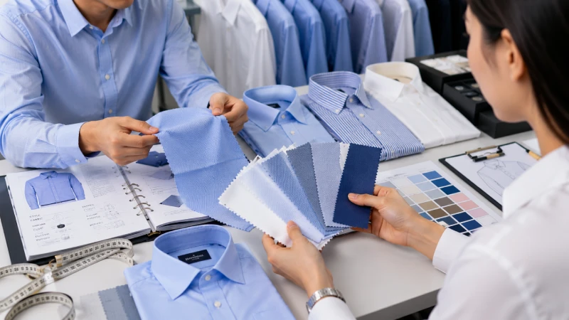 Buyer evaluating dress shirt fabric samples and garment quality before selecting a manufacturing partner