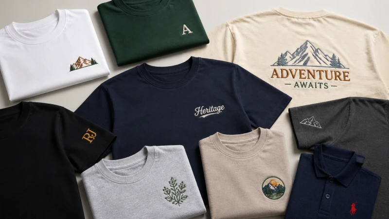 embroidered T-shirt samples showing logo placement and fabric variations