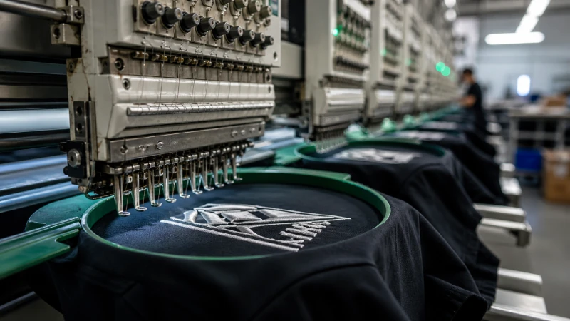 industrial embroidery machine producing custom embroidered T-shirts in factory
