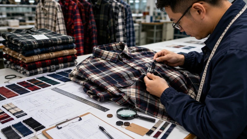 Quality control specialist inspecting plaid flannel shirt fabrics, stitching quality, pattern alignment and garment construction during apparel manufacturing