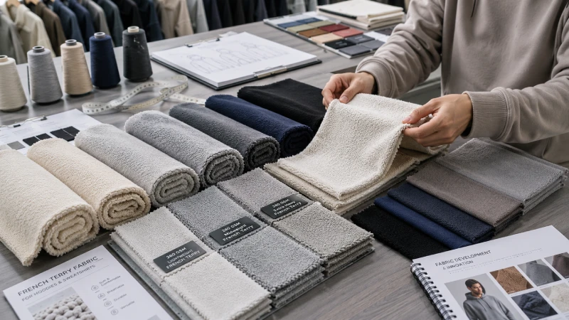 Different French terry fabric types and GSM samples displayed on a textile sourcing table for hoodie and sweatshirt manufacturing