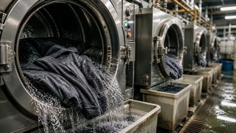garment washing process for T-shirts showing enzyme and acid wash production in factory