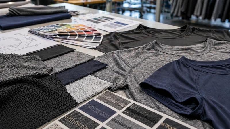 close-up of gym t-shirt fabric samples showing breathable stretch performance materials on design table