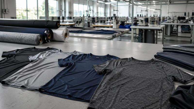 performance gym t-shirts displayed in modern apparel factory with fabric rolls and production background