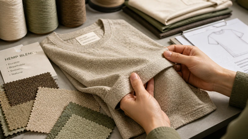 close up inspection of hemp t-shirt fabric texture and stitching quality