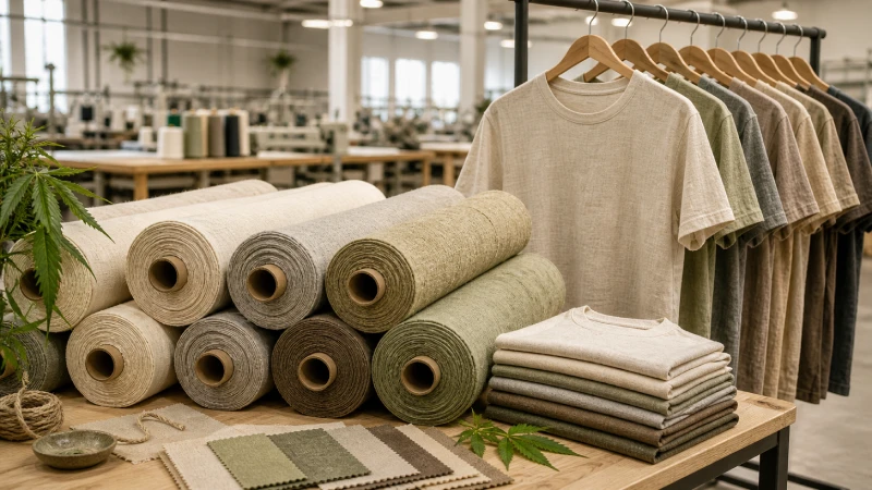 hemp t-shirt manufacturing factory with eco fabric rolls and sample garments