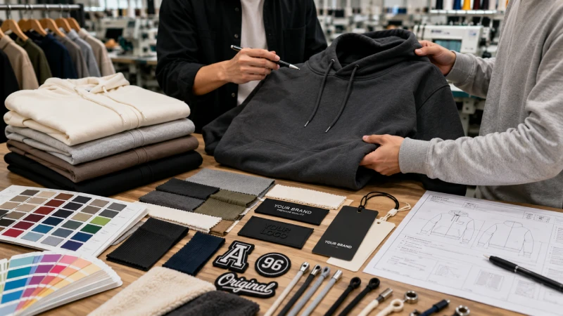 Buyer reviewing hoodie fabrics and private label customization options with apparel manufacturer