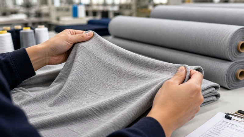 Inspecting cotton jersey fabric texture and stretch in textile workshop