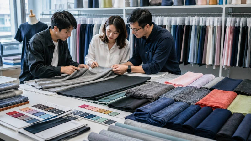 Jersey fabric sourcing team reviewing cotton, polyester, and stretch knit fabric samples in a textile development studio