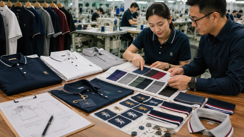 buyer reviewing mens polo shirt fabric samples and quality inspection during apparel sourcing process