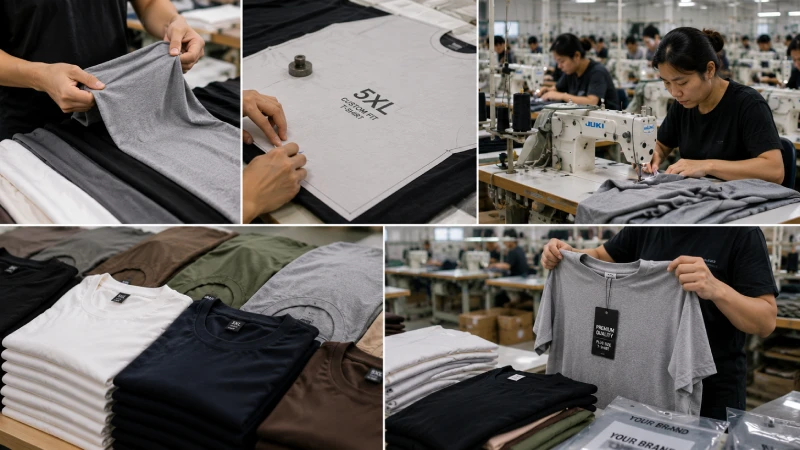 Plus size T-shirt fabric inspection, sewing, pattern making, and quality control process in custom apparel manufacturing factory